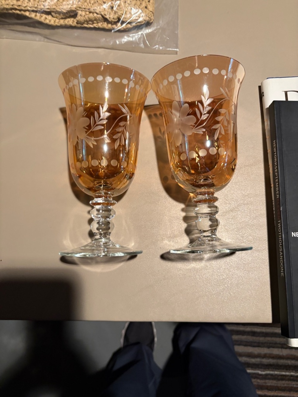 Set of 5 Etched Amber Goblets with Clear Stems like new vintage